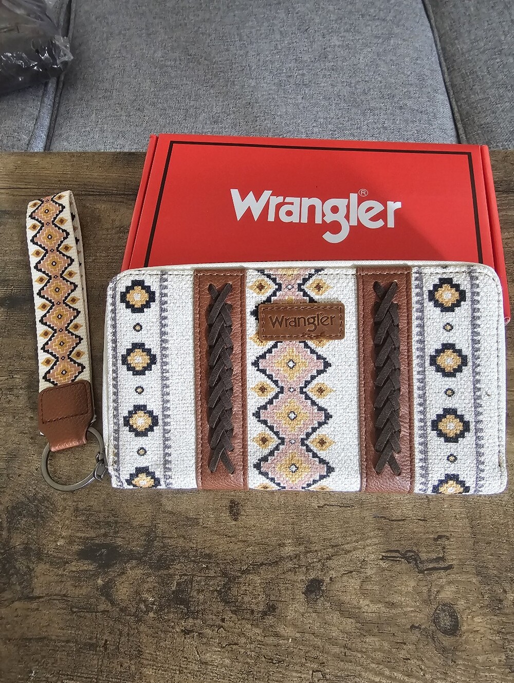 Wrangler Embroidered Wristlet Wallet in Cream, Brown, Pink and Yellow